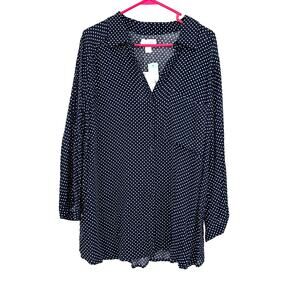 Vixbe Size XL Long Sleeve Button Up Blouse Top Shirt Blue White Polka Dot NWT‎